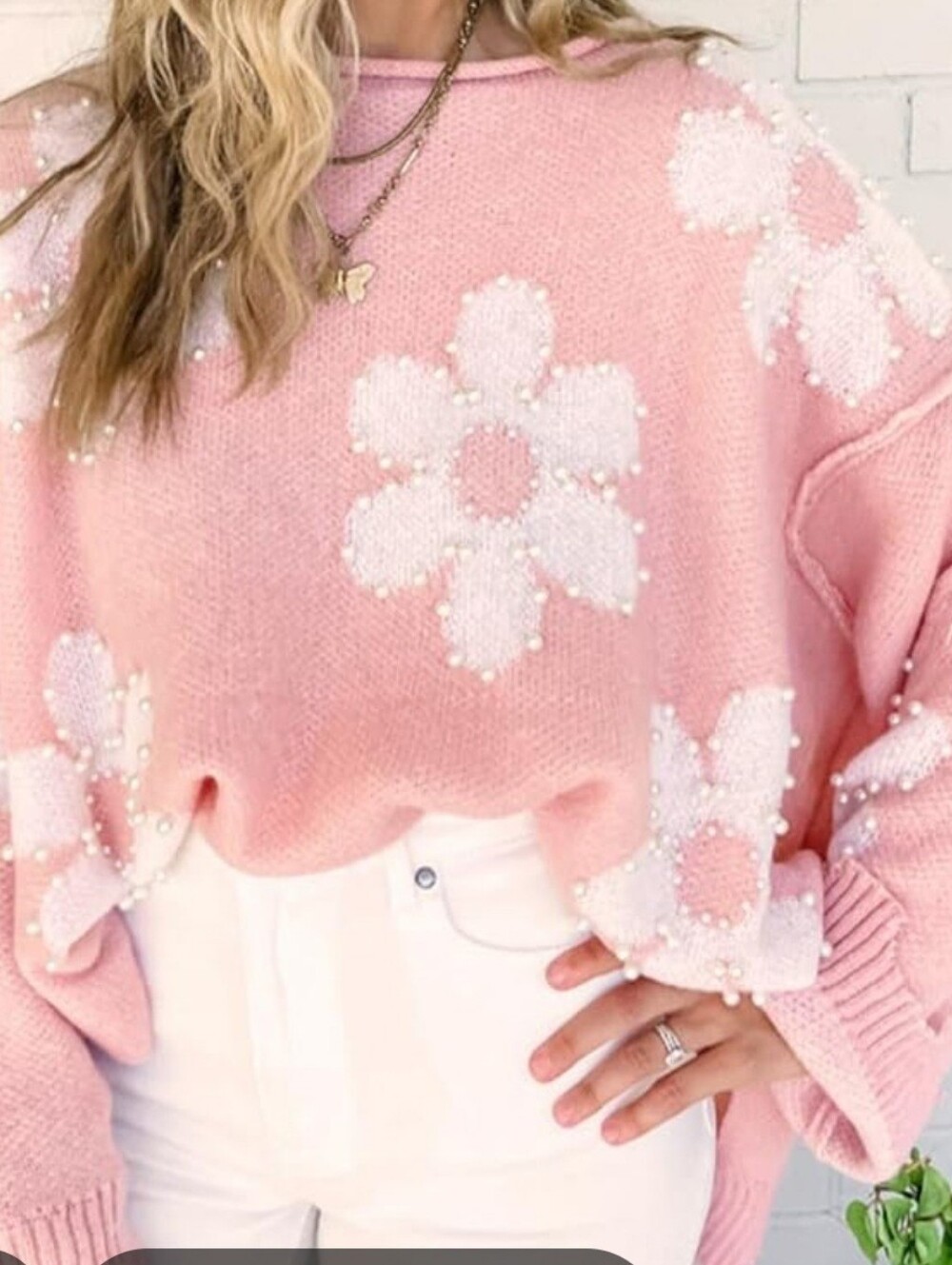 PEACH LOVE Pink Pearls Floral Oversized Sweater, NWOT, S, So Pretty🩷